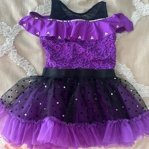 Child small jazz costume with built in briefs purple and black